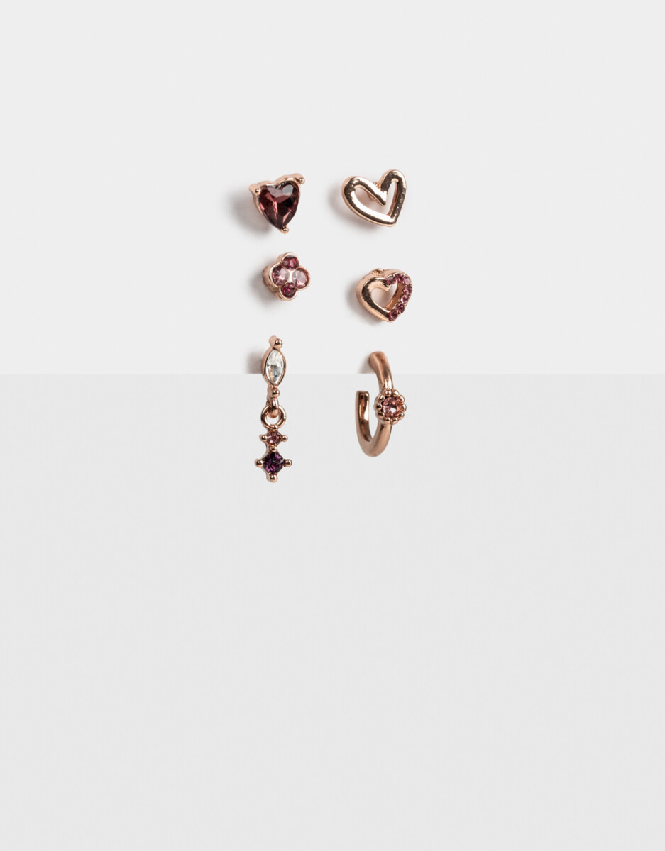Set De Aros Corazones Bañado En Oro Rosa 