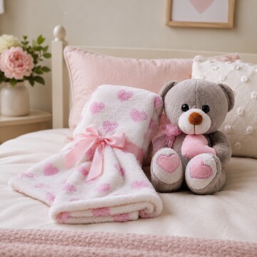 Oso De Peluche Con Manta Corazones 76x91 Cm Para Bebé Rosa 1