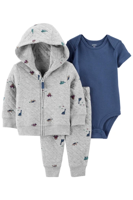 Set tres piezas de algodón, campera y pantalón capitoneados más body, diseño dinos Set tres piezas de algodón, campera y pantalón capitoneados más body, diseño dinos