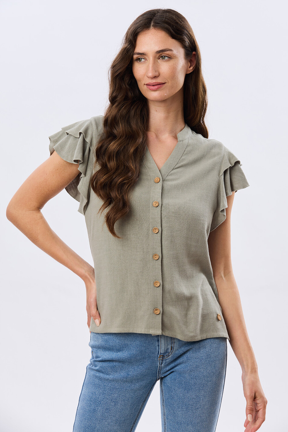 CAMISA DE LINO CON VOLADOS Verde