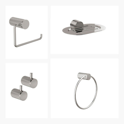 SET DE ACCESORIOS DE BAÑO INCLUYE 2 PERCHAS,TOALLERO DE ARO,PORTARROLLO Y JABONERA 000