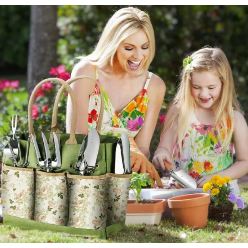 Kit Herramientas De Jardinería Huerta 9 Piezas + Bolso Multicolor