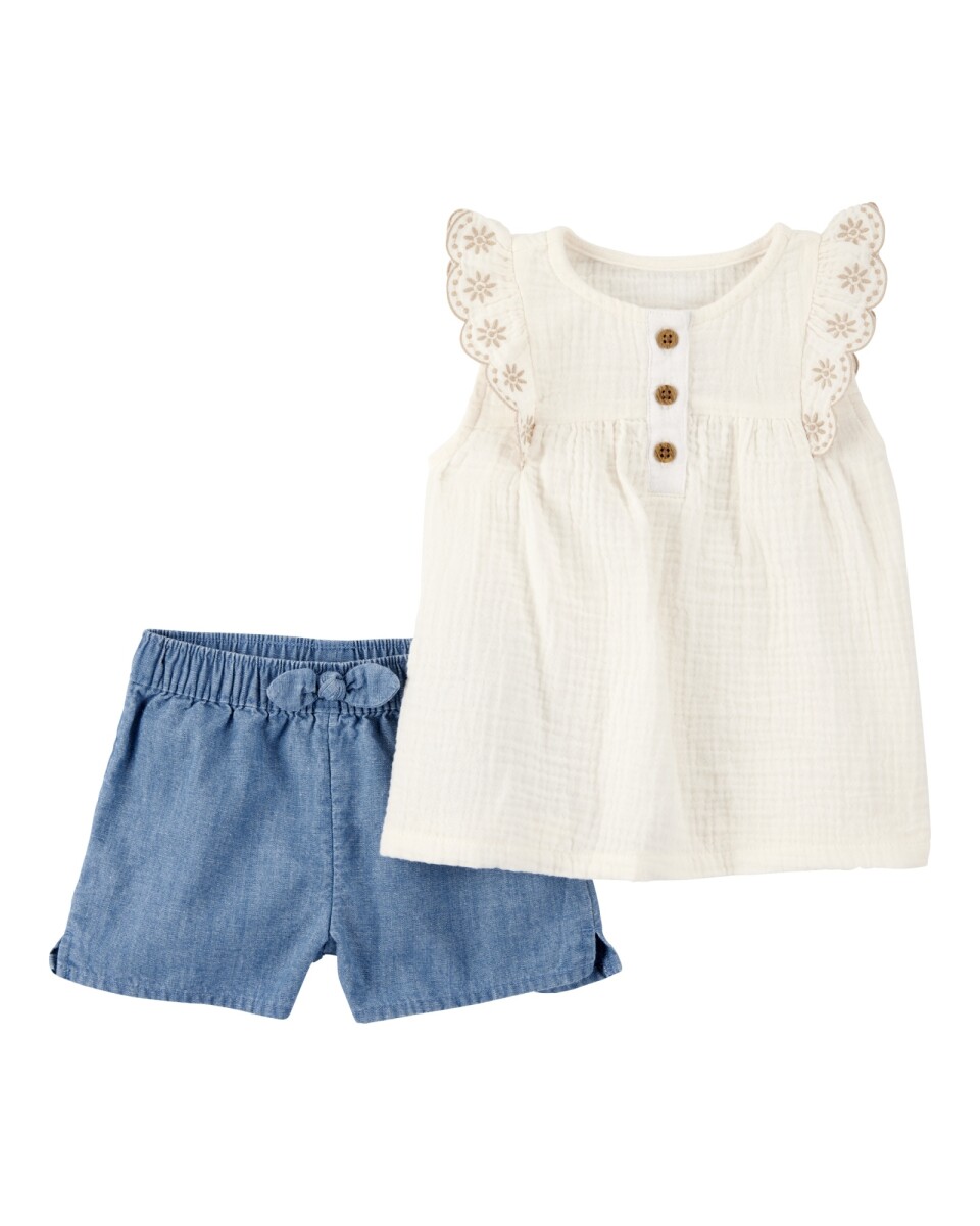 Set dos piezas, short de chambray y blusa de algodón con bordado floral 
