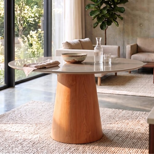 Mesa de Comedor Redonda 1.2 - Zara Vidrio - Blanco/Marrón