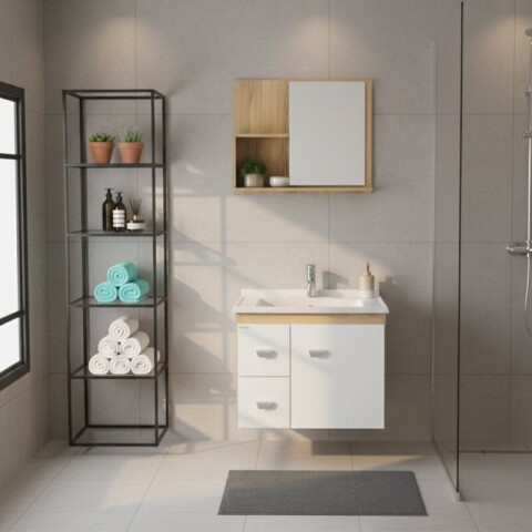 Mueble de Baño Suspendido SMART 56 cm | Bicolor Blanco/Carvalho con 2 Cajones y Espejo Mueble de Baño Suspendido SMART 56 cm | Bicolor Blanco/Carvalho con 2 Cajones y Espejo