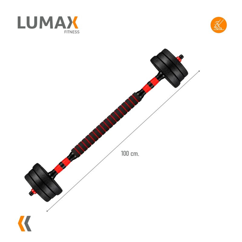 Set 2 Mancuernas Lumax Barra 2 En 1 20 Kg Para Entrenamiento En Casa Ajustable Rojo