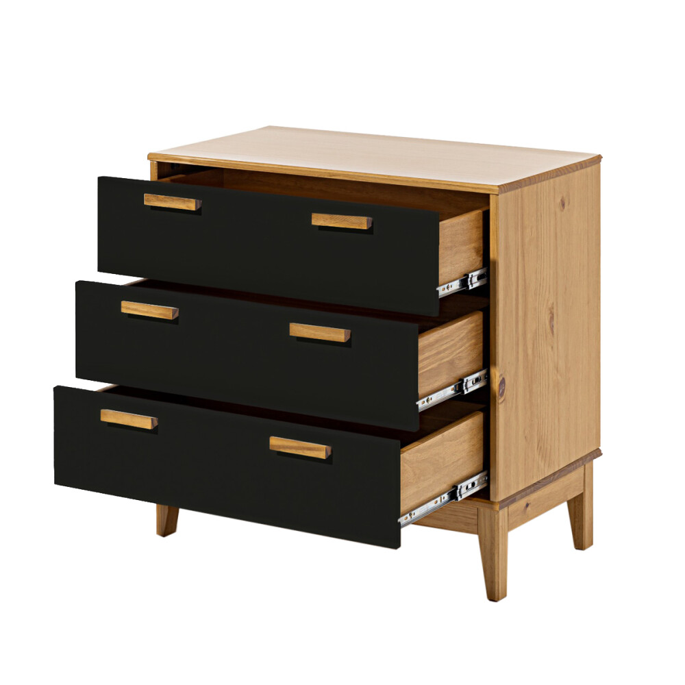 MESA DE LUZ O NOCHE 3 CAJONES DE GRAN TAMAÑO MINI CÓMODA CAJONERA EN MADERA MACIZA NEGRO