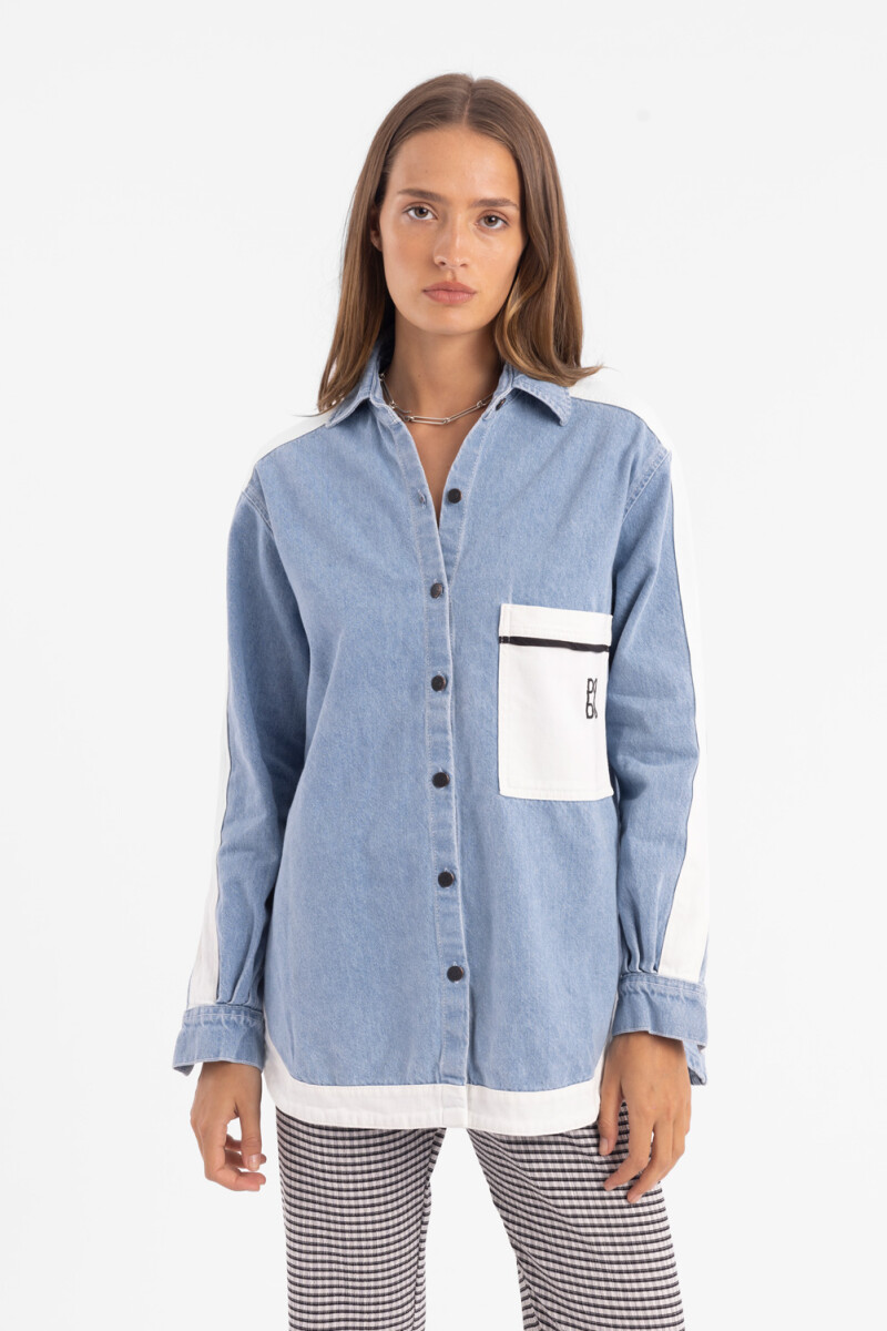 Camisa Noble Denim color block Off White/light blue
