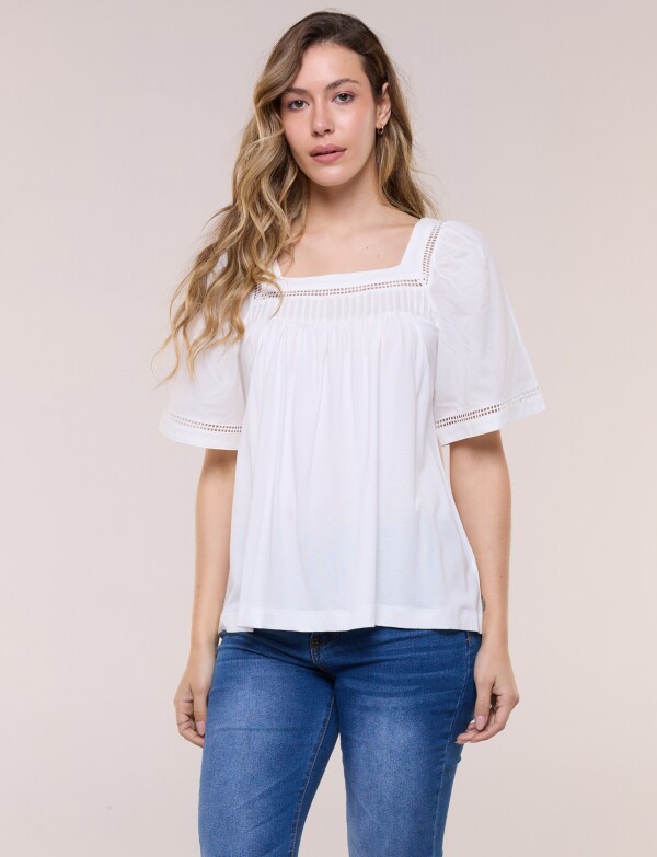 Blusa Holgada Escote Cuadrado Con Puntilla Calada BLANCO