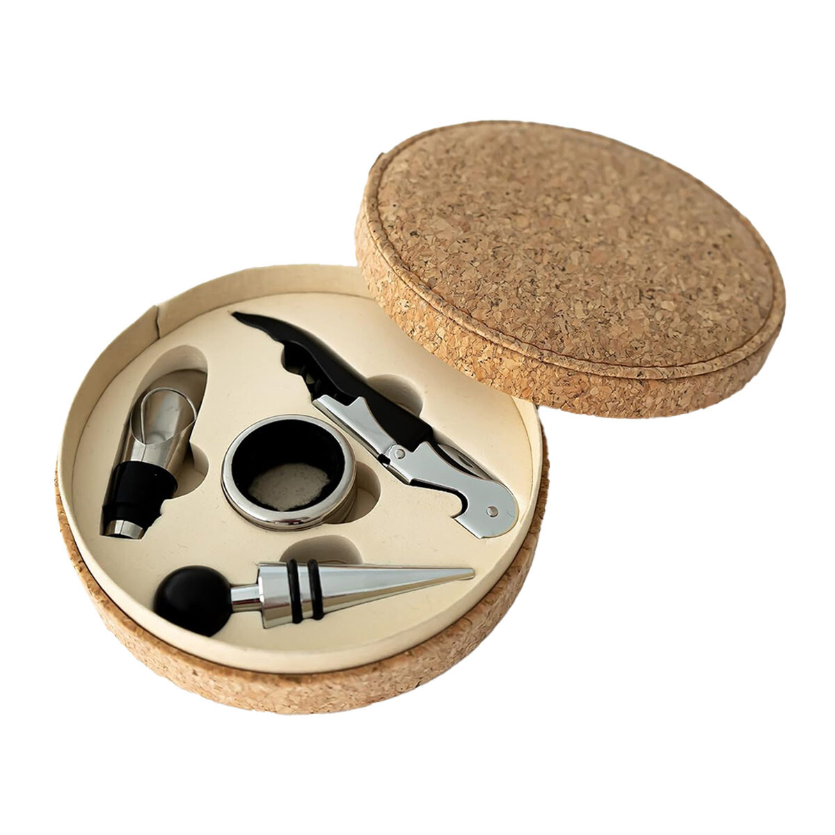 Set de Vino 4 Accesorios con Sacacorchos y Estuche de Corcho - Natural 