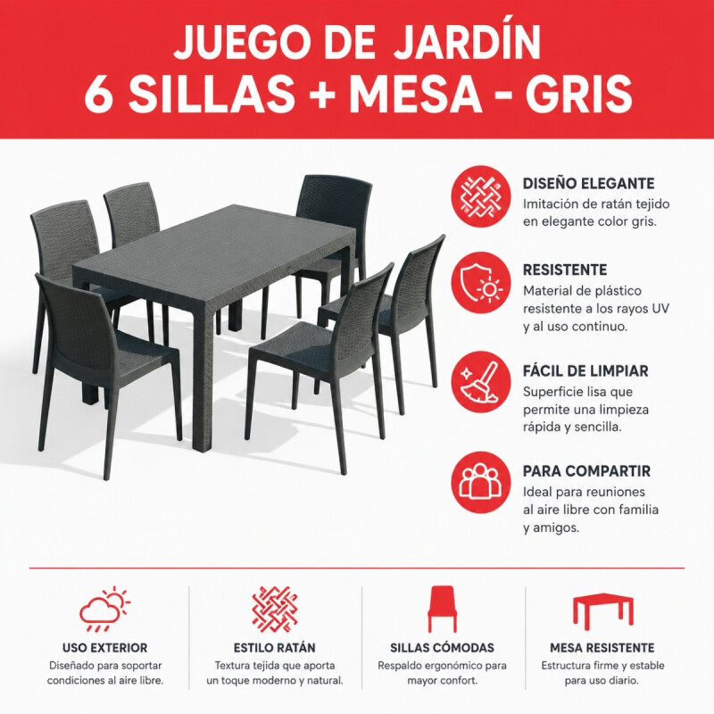 Juego de jardín 6 sillas + mesa GRIS