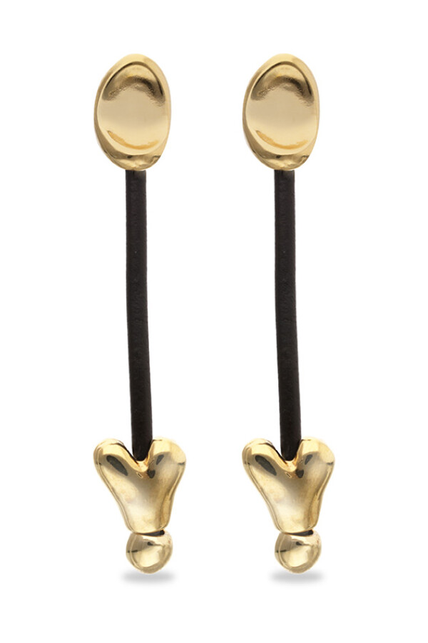 PENDIENTES LARGOS DE CUERO Y ALEACIÓN DE METALES BAÑADOS EN ORO 18K Y CORAZONES Pendiente