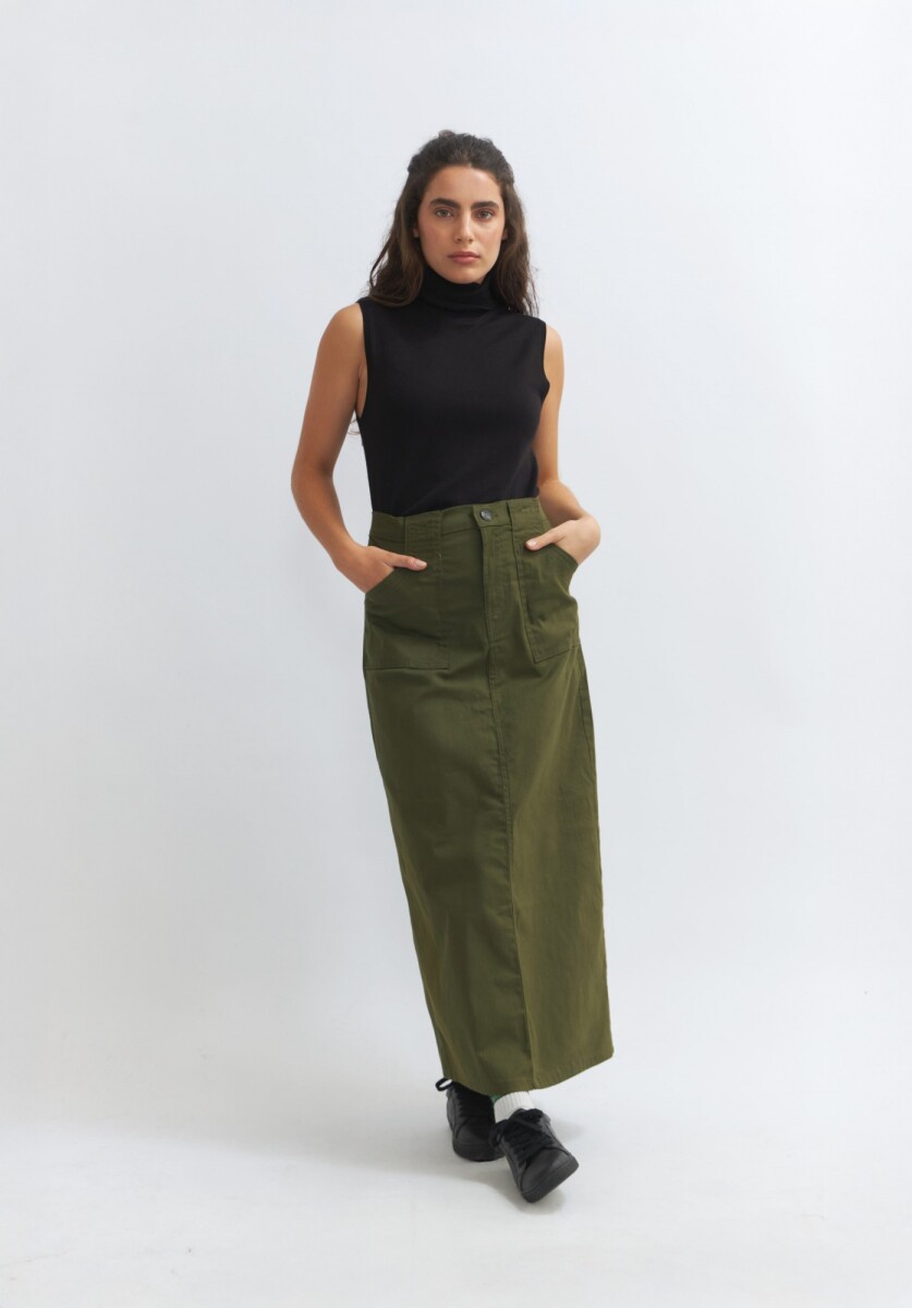 Falda midi de twill - Verde oliva 