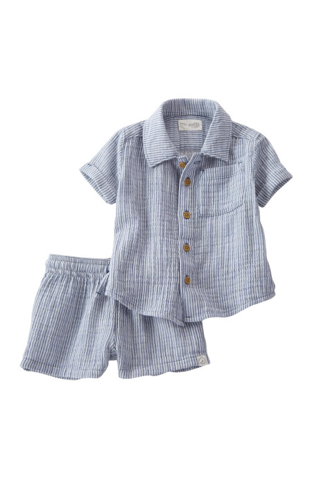 Set dos piezas de gasa de algodón orgánico, short y camisa, diseño a rayas azules Sin color