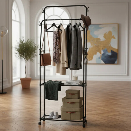 Perchero Armario Doble Barral 2 Niveles Ganchos Laterales Negro