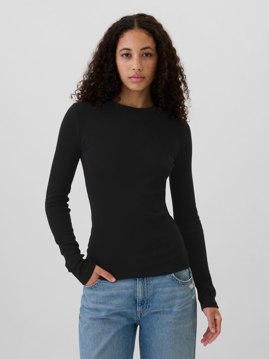 Remera Rib Manga Larga Mujer - True Black 