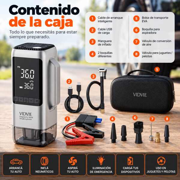 Arrancador De Emergencia Para Auto Vidvie Csp001 9 En 1 CARGADOR ARRANCADOR POWERBANK VIDVIE CSP