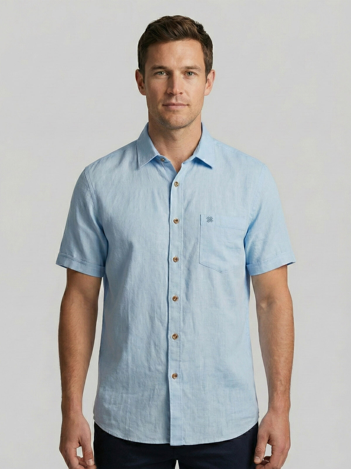 CAMISA LINO MANGA CORTA CELESTE