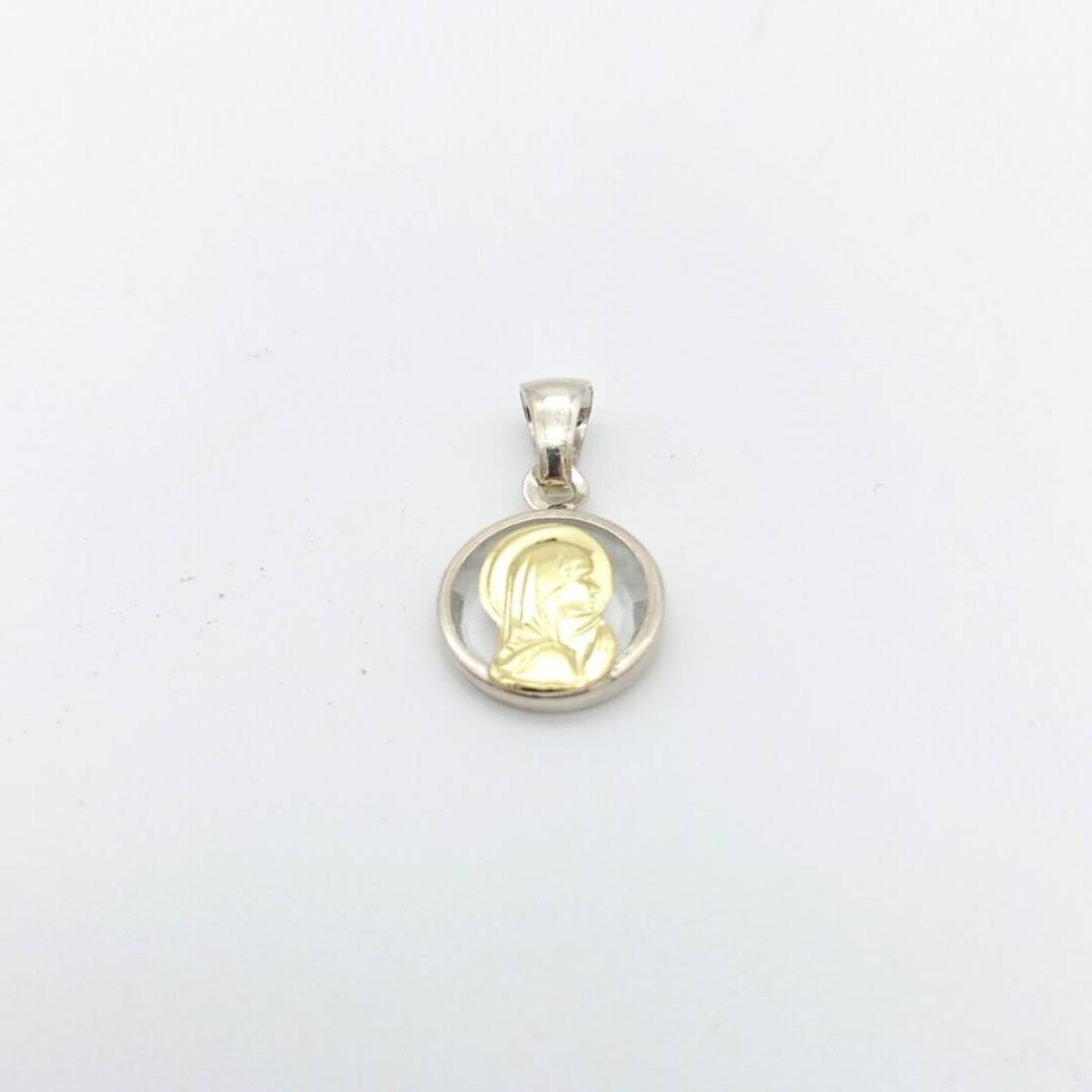 Medalla religiosa de plata 925 Virgen Niña cristal con manto detalles de double en oro 18Ktes - Diámetro 12mm 