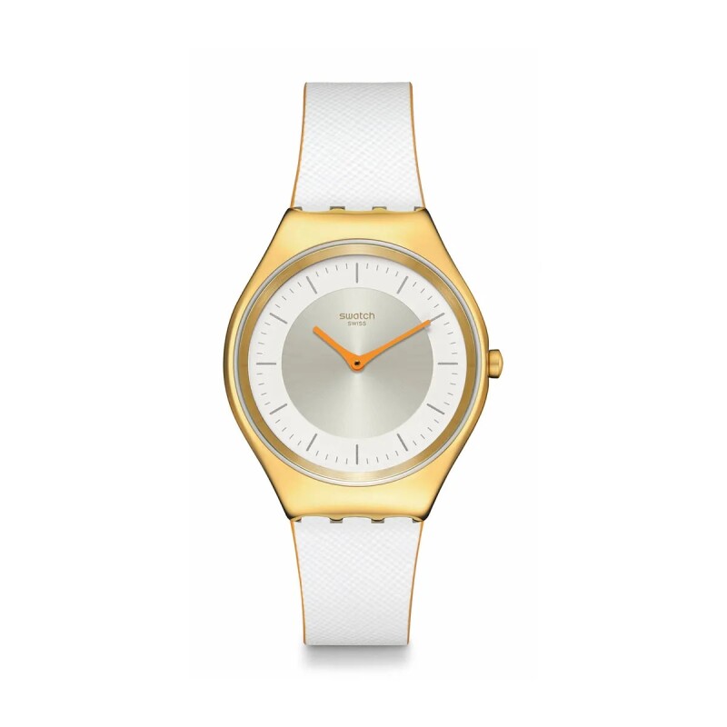 Reloj Swatch SYXG128 Pearl Gleam de cuero y acero inoxidable blanco y dorado Blanco