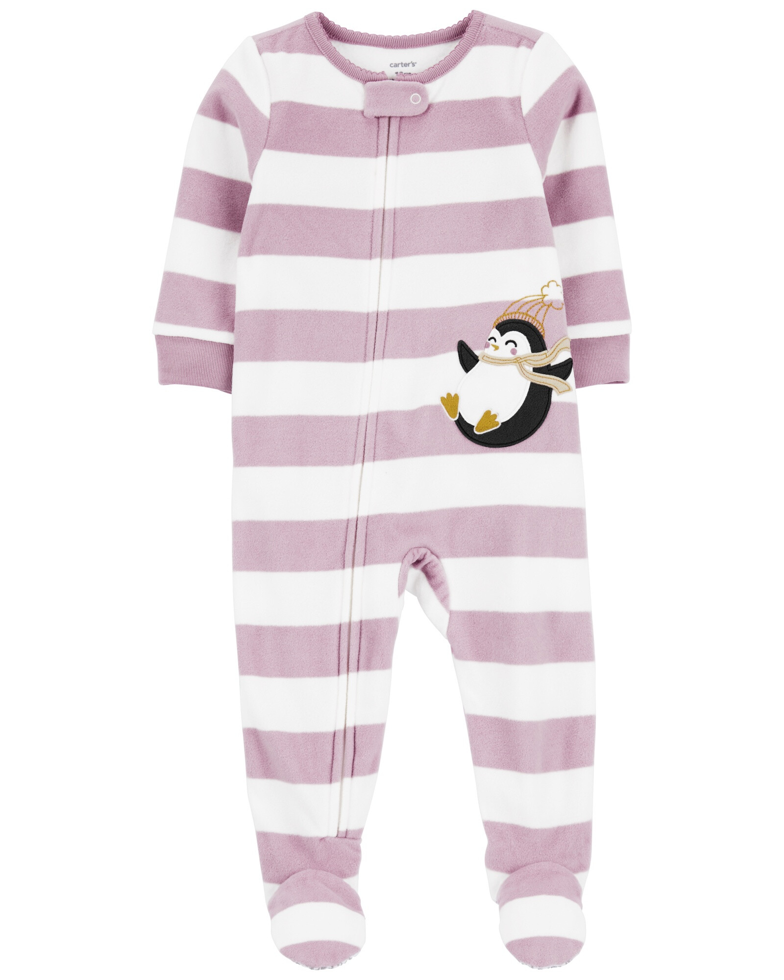 Pijama una pieza de micropolar, con pie, diseño a rayas y estampa pingüino. Talles 2-5T Pijama una pieza de micropolar, con pie, diseño a rayas y estampa pingüino. Talles 2-5T