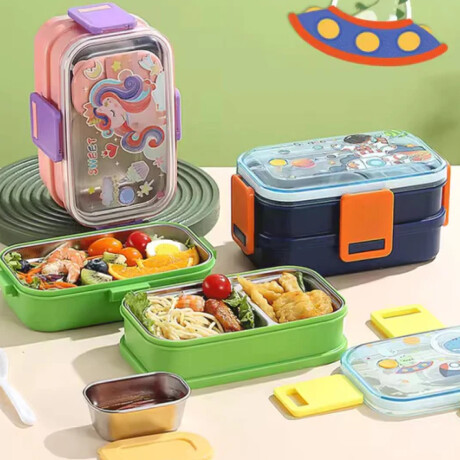 Vianda doble piso con cubiertos, division y tapa Verde