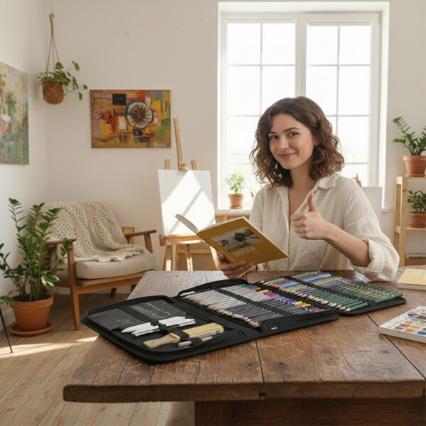 Set Arte Dibujo Kit 72 Pcs Lápices Colores Cuaderno Estuche Negro