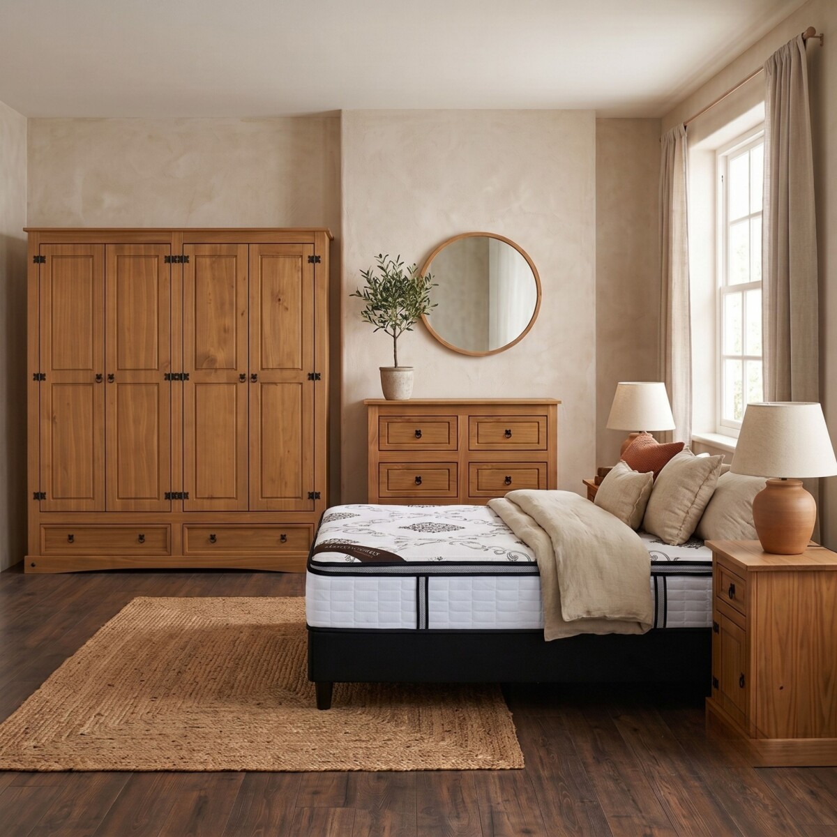 Promo Juego de Dormitorio Linea Naturale + Sommier 2 plazas HAMPTONS Hybrid Bronze - ROBLE 