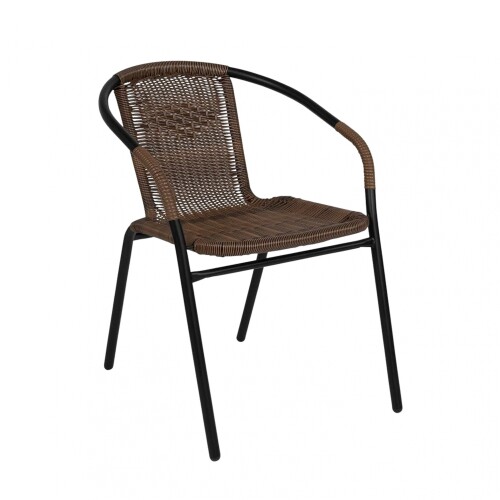 Silla exterior de metal y ratán con apoyabrazos Marrón