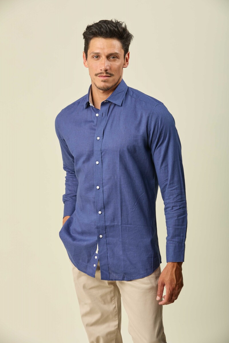 Camisa Lino Algodón Manga Larga - Azul 