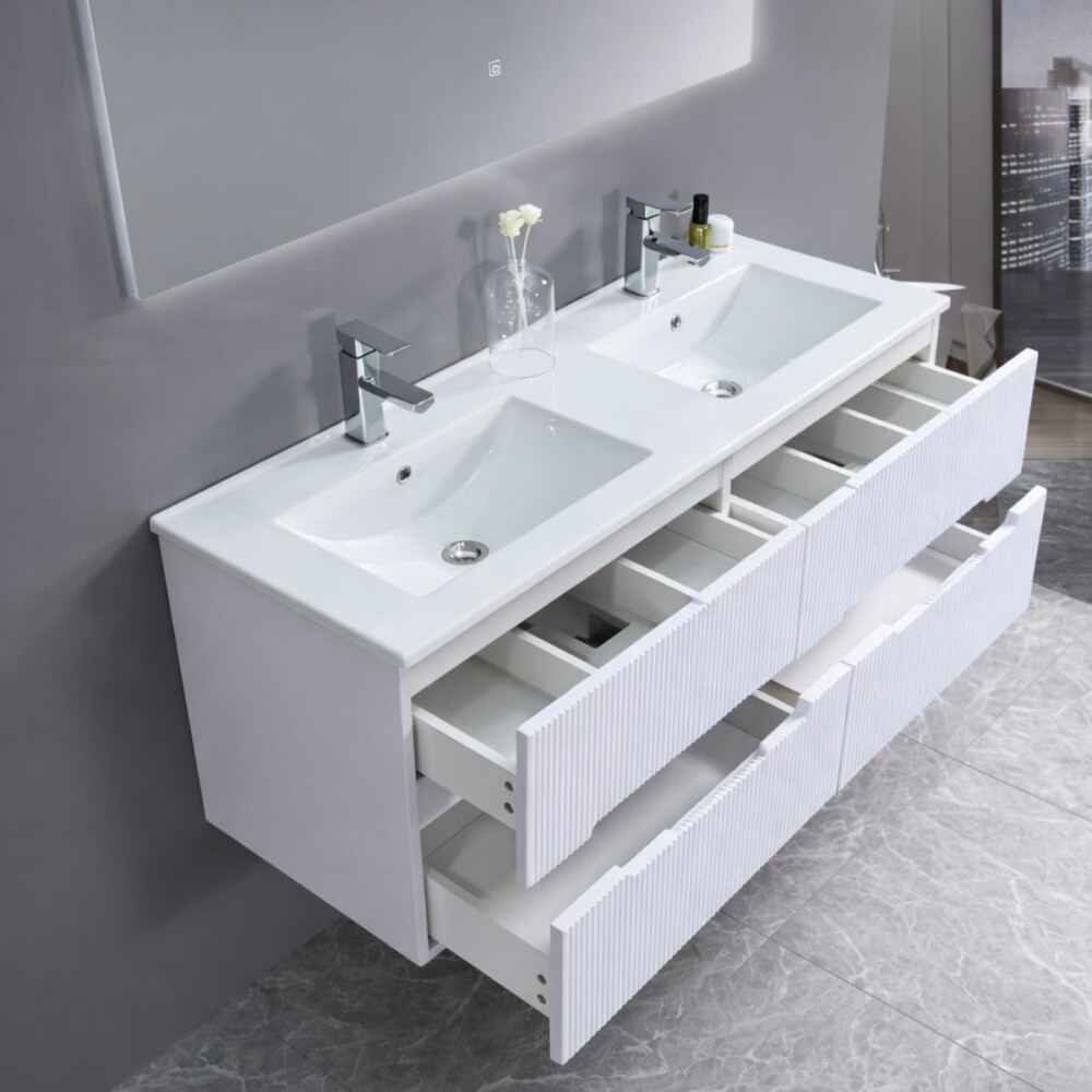 Mueble De Baño Suspendido Blanco Ripado 120 Cm Con doble Bacha Mueble De Baño Suspendido Blanco Ripado 120 Cm Con Doble Bacha