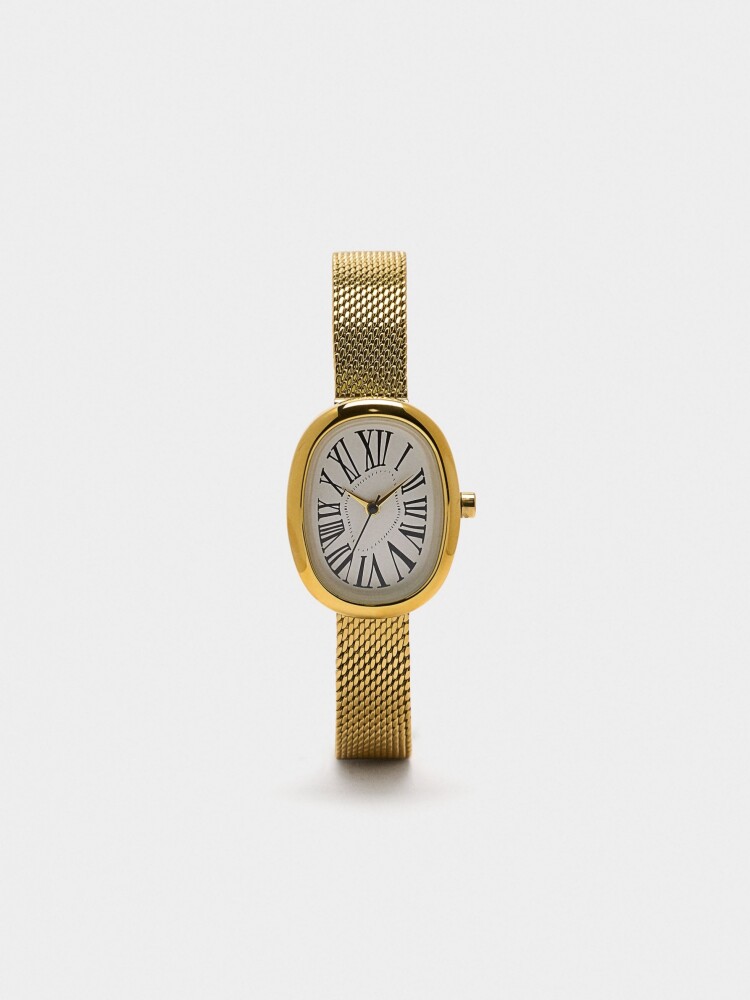 Reloj Ovalado Con Malla Metálica De Acero Inoxidable dorado