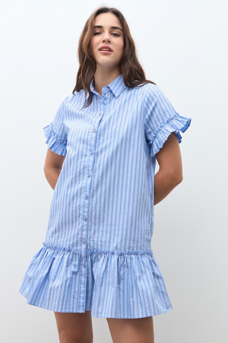 Vestido camisero rayado con volados - celeste 