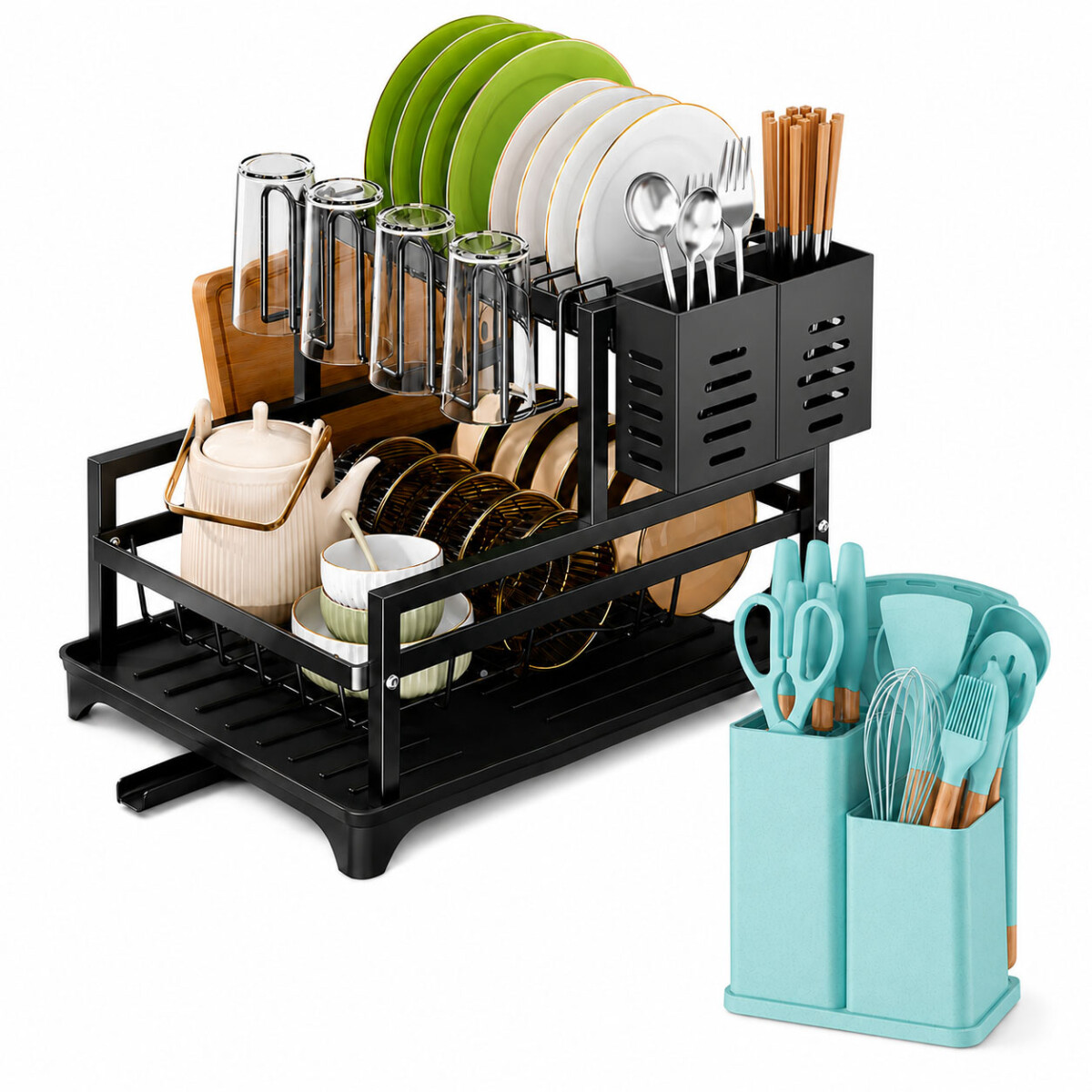 Set Utensilios Cocina 19Pz + Escurridor 2Niv Drenaje Autom - Turquesa 