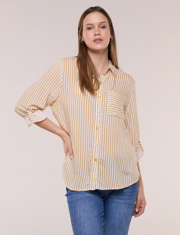 Camisa Clásica Rayada Con Mangas Arremangables MOSTAZA