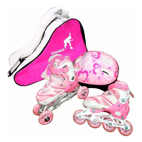 Set Rollers Aluminio + Casco + 6 Protecciones + Bolso Rosado