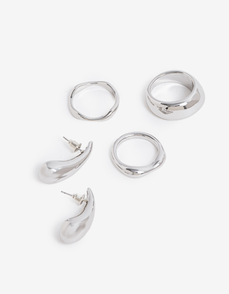 Bijouterie Set Metal Set De Aros Y Anillos Metal - Plateado Rodio