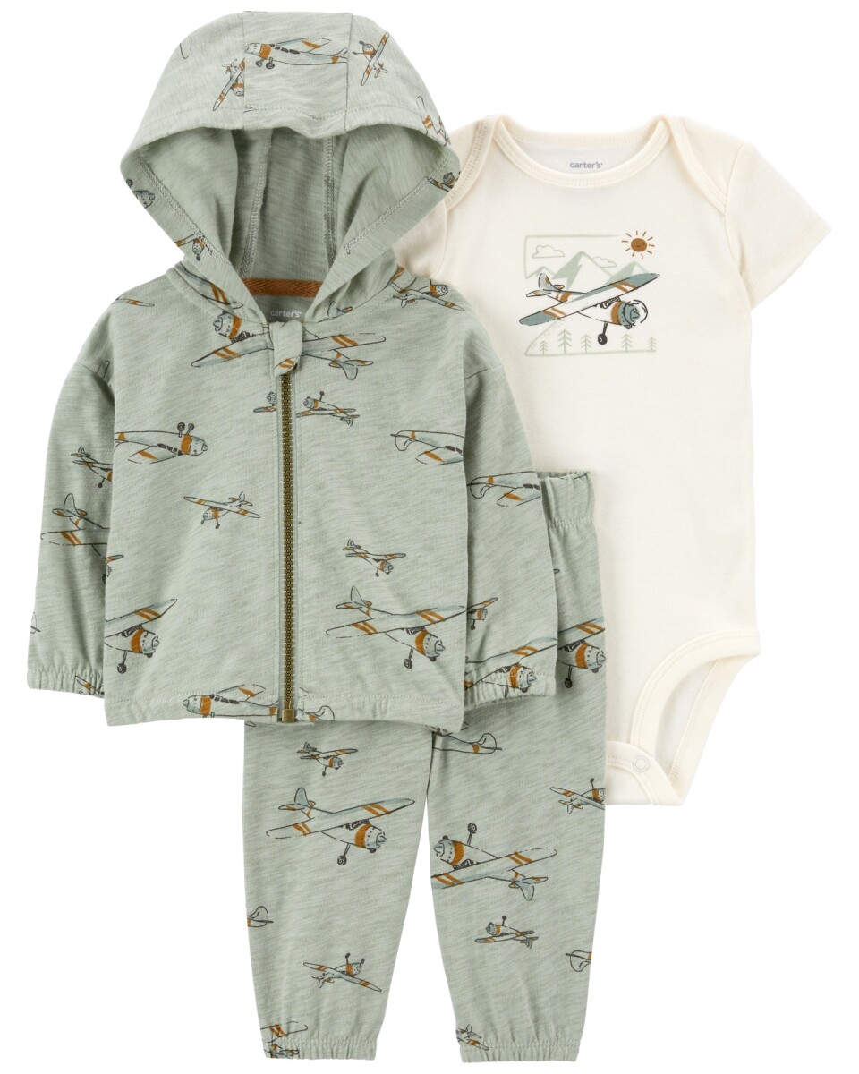 Set tres piezas de algodón, campera, pantalón y body, diseño aviones 