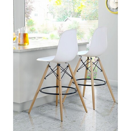 Taburete Eames con base de madera y asiento de polipropileno Blanco