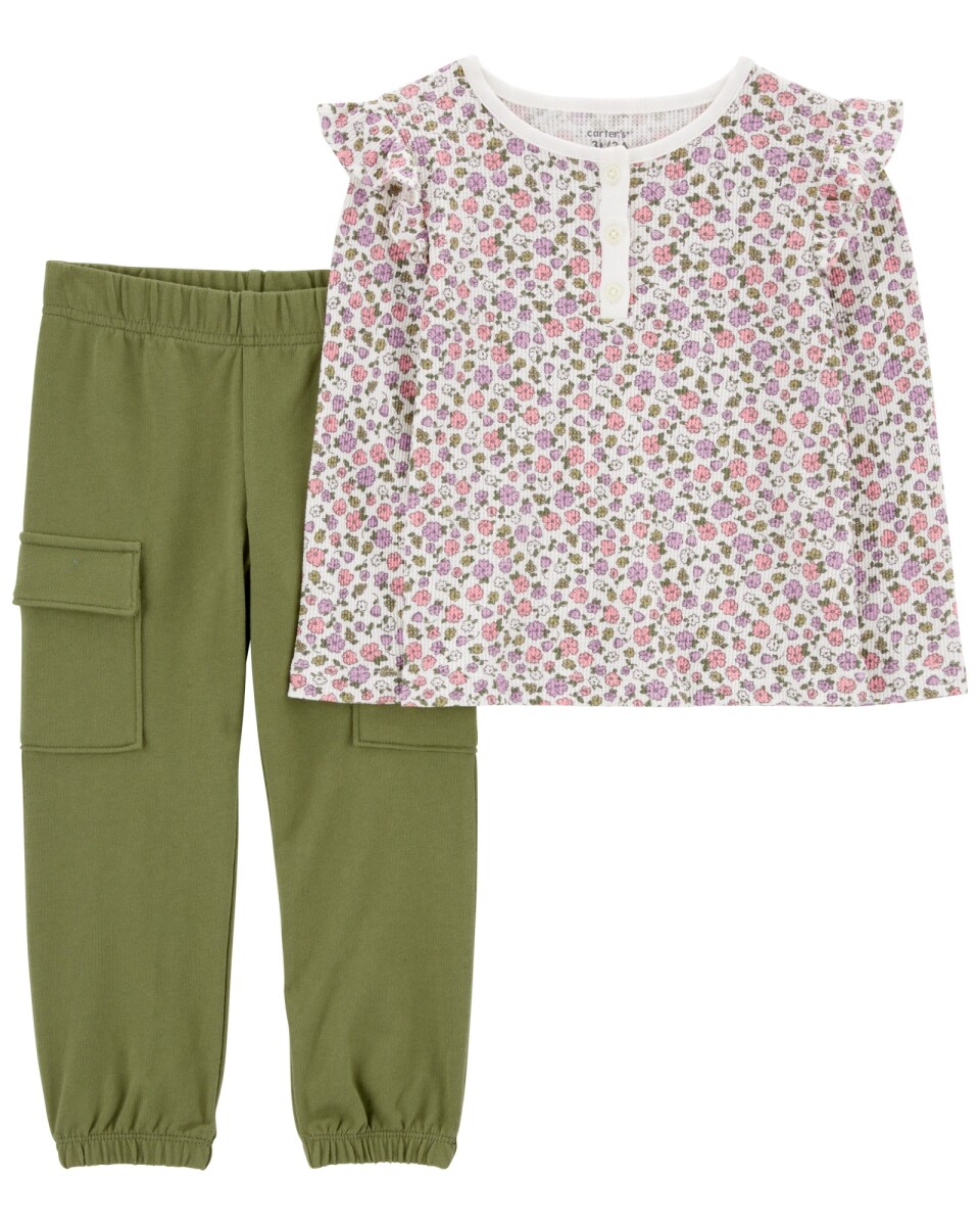 Set dos piezas de algodón, pantalón cargo y remera, diseño floral 