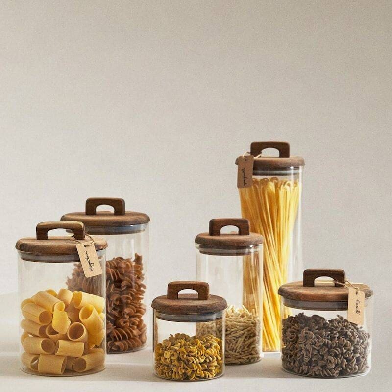 Frasco contenedor de vidrio tapa madera con manija 1500ml