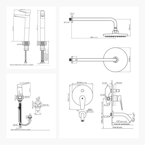 JUEGO COMPLETO CROMADDO LINEA ZOE DUCHA EMBUTIDA CON TRANSF, BRAZO Y ROSETA REDONDA, LAVATORIO ALTO Y BIDET CON TRANSF. 000