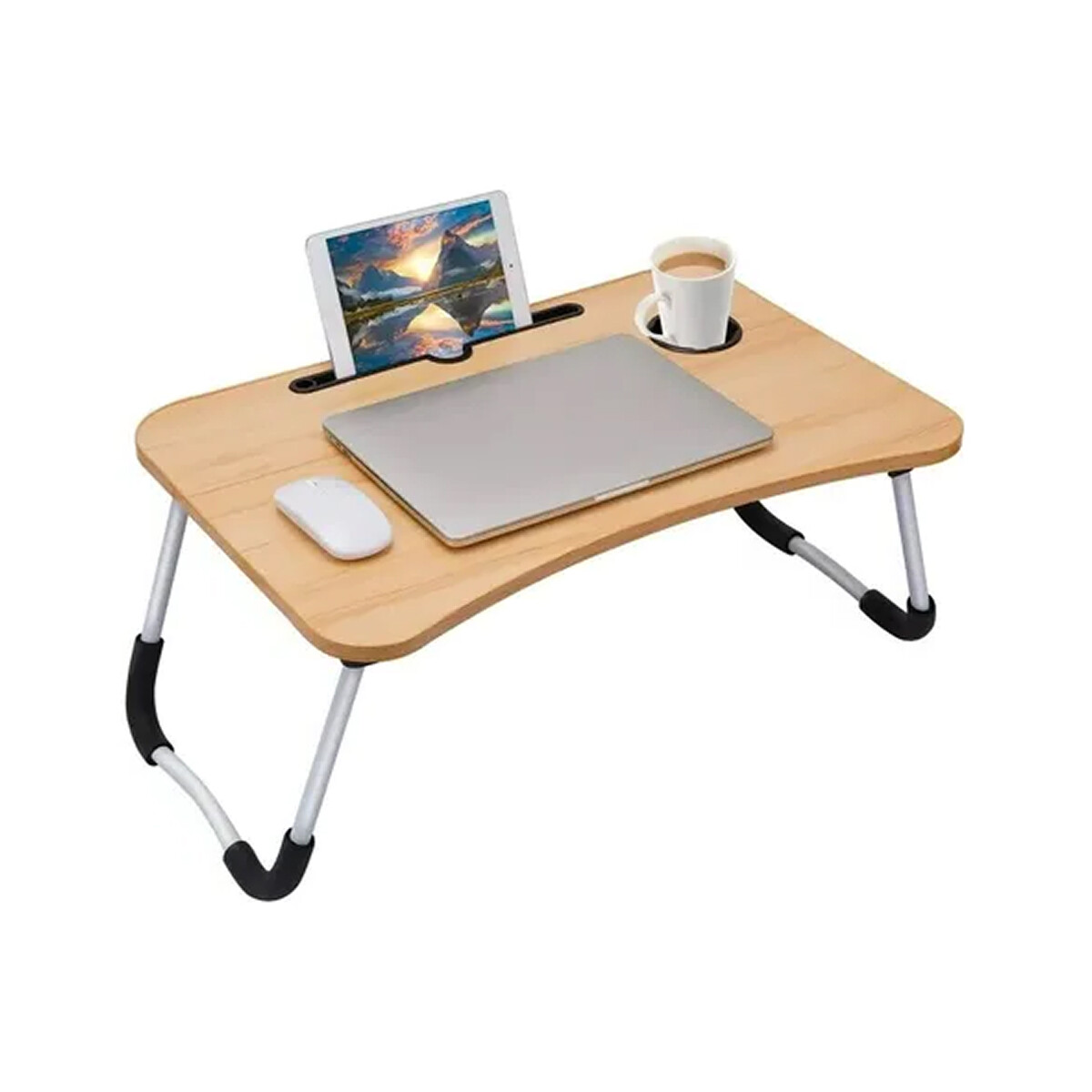 Mesa portátil para laptop con soporte y portavaso - Madera 