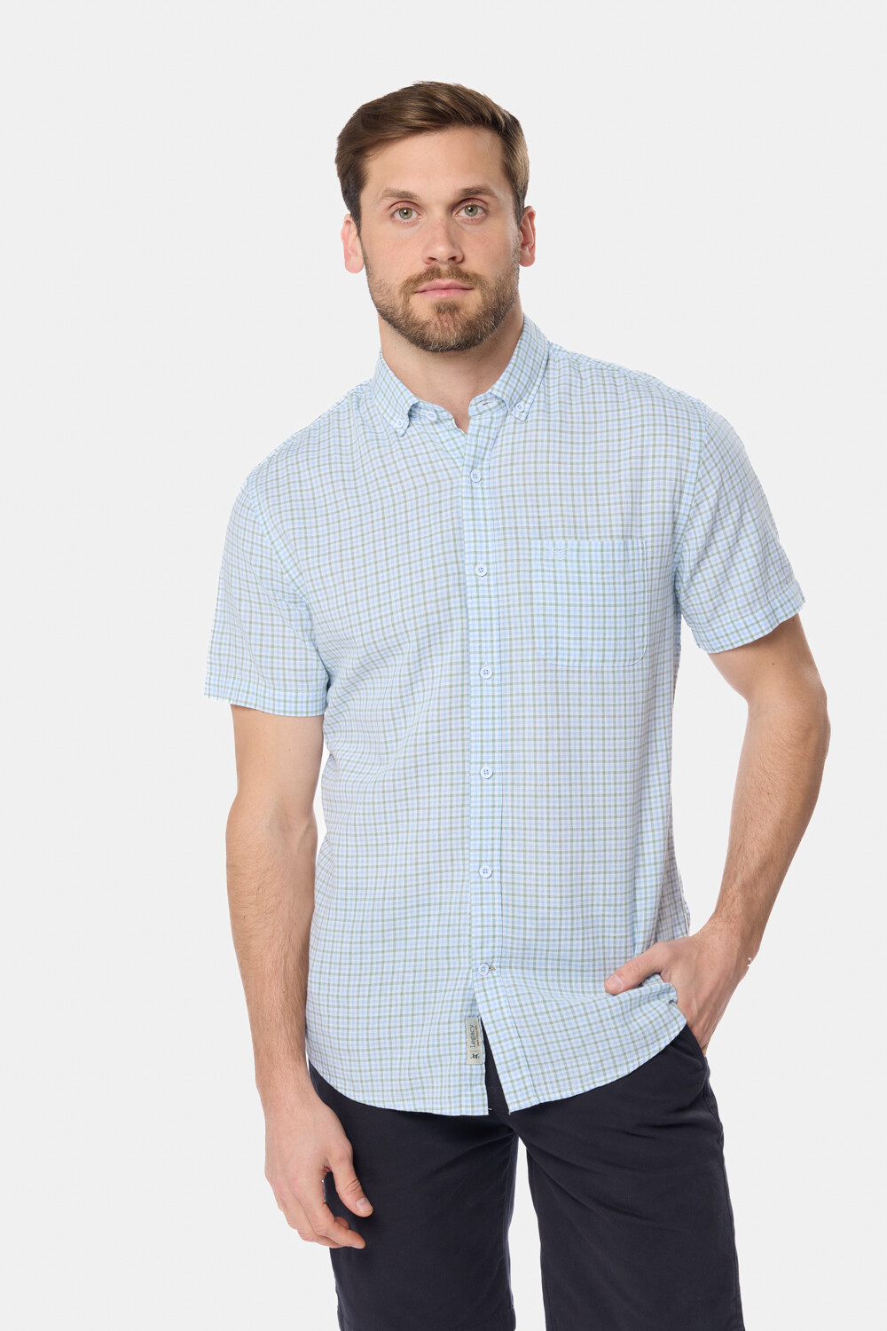 CAMISA CUADROS DE LINO Celeste