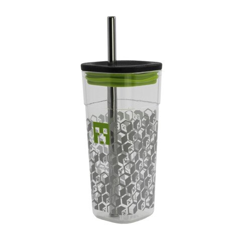 Vaso Acrílico Cuadrado Minecraft con Pajita Acero 540 ml U