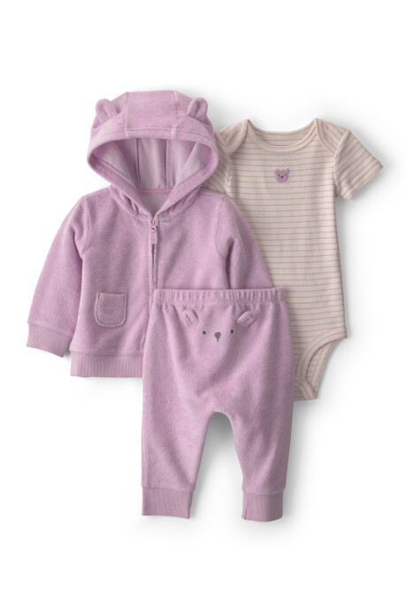 Set tres piezas de algodón, campera y pantalón de terry, más body, diseño oso Sin color