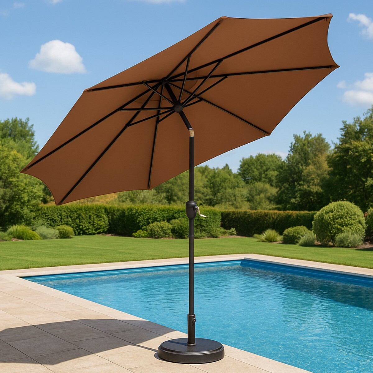 Sombrilla de Patio 2.7 m con Inclinación, Tela UV Impermeable y Base Incluida 