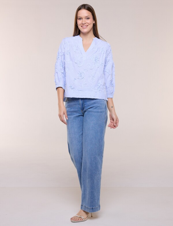 Blusa De Algodón Con Aplicaciones Florales CELESTE