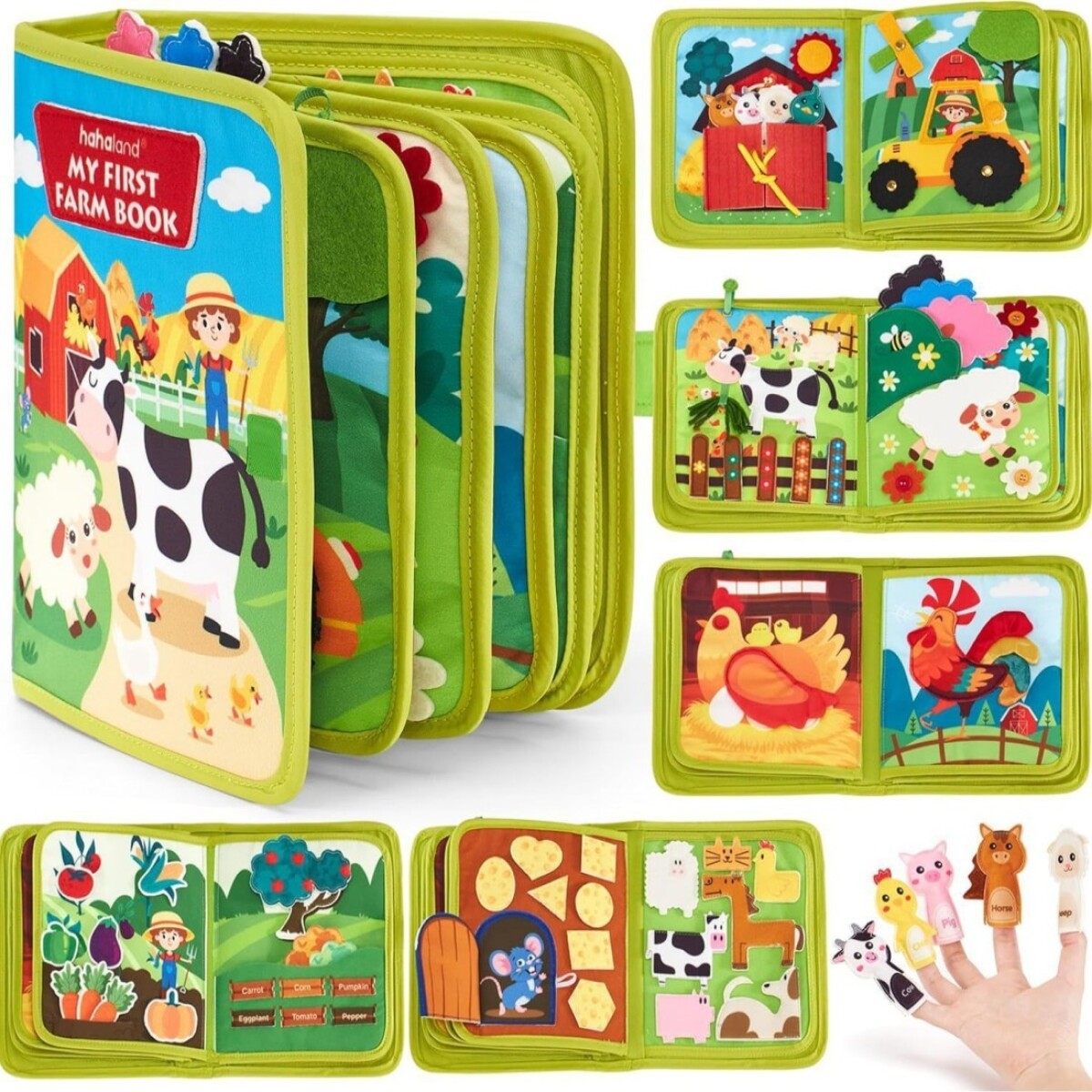 Libro de actividades de granja en fieltro verde 