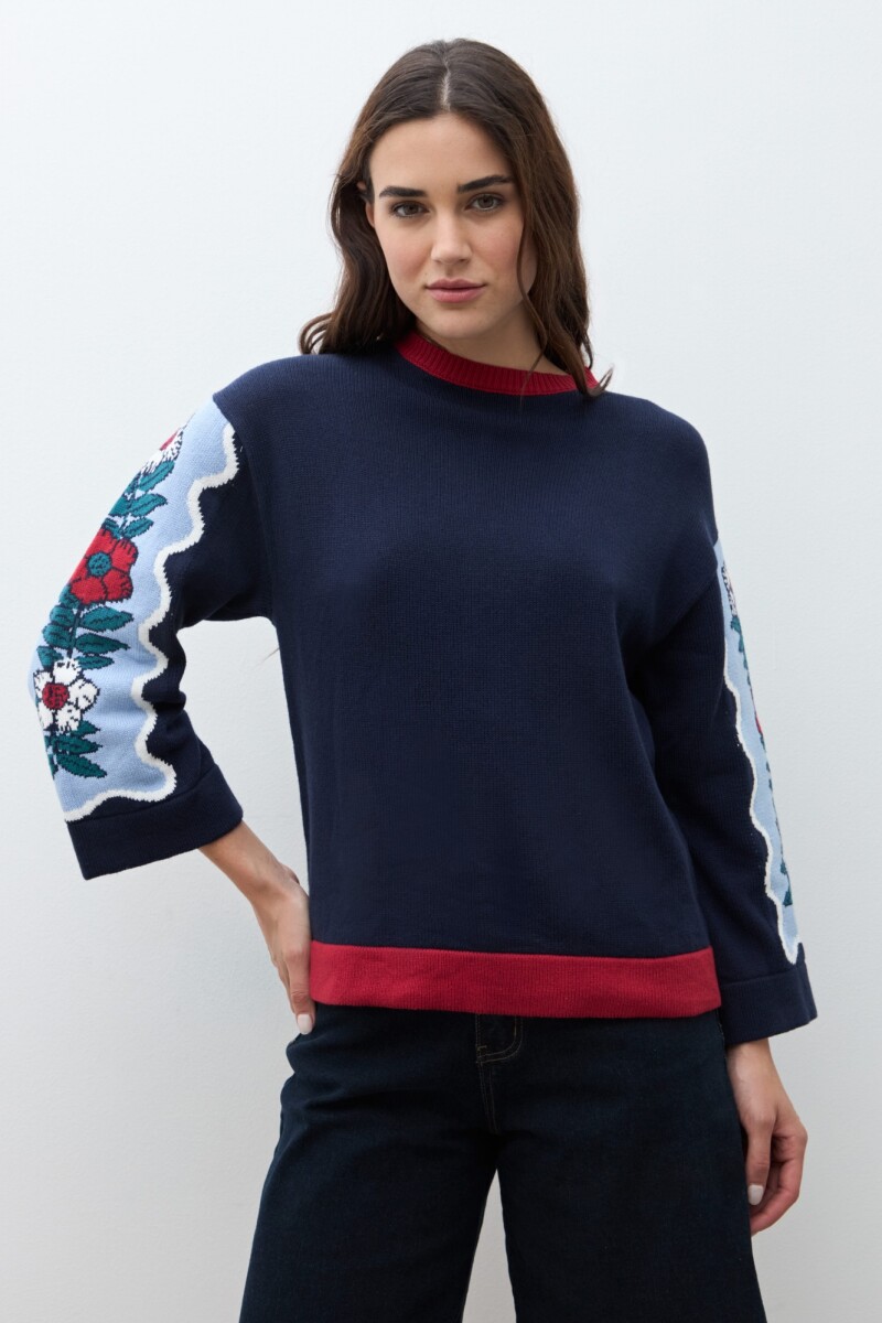 Sweater con jacquard floral nativa azul marino